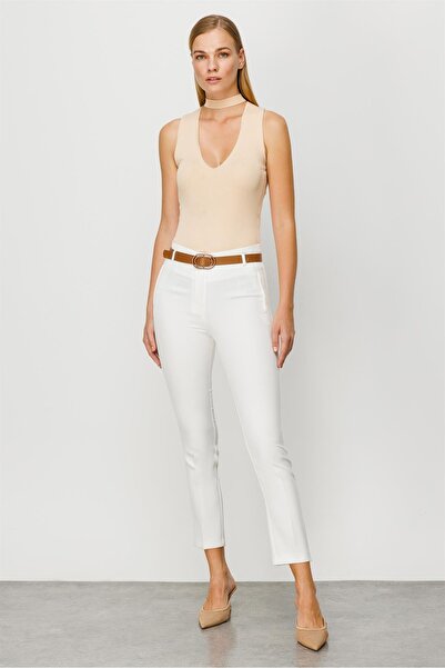 Moda İlgi Modailgi Fileto Cep Kemerli Pantolon Ekru