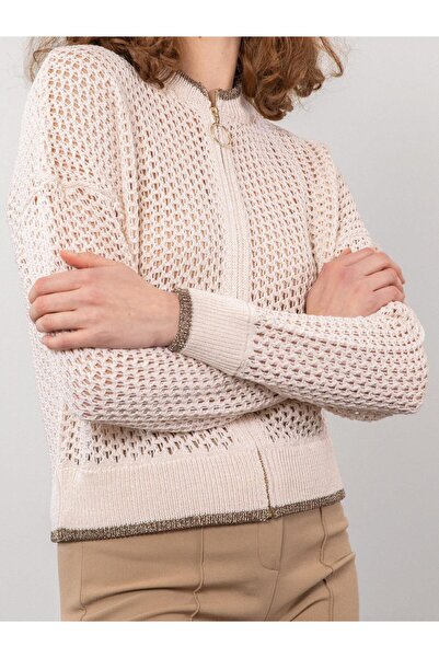 Serianno Ajurlu Metalik Şeritli Fermuarlı Hırka Hrk8062kemık