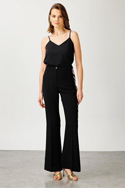 Moda İlgi Modailgi Kenarları Zikzak Desen Şeritli Pantolon - 7565,7566 Siyah