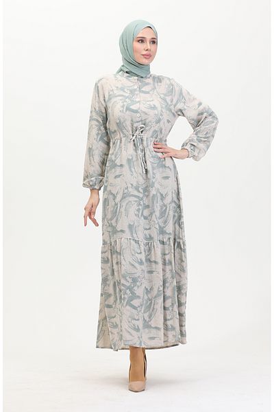sefamerve Buttoned Front Lace up Linen Dress 0520A-01 Beige Green