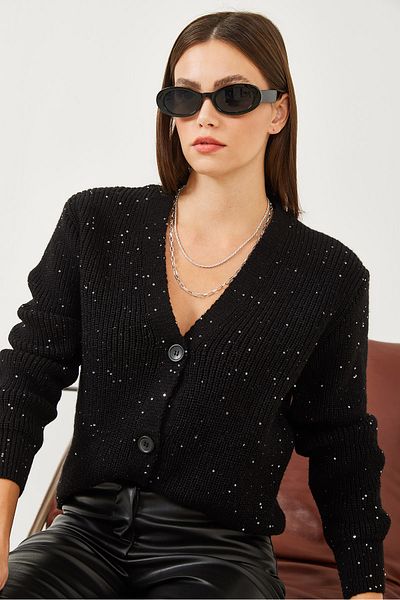 Bianco Lucci Women's V-Neck Sequin Three-Button Knitwear Cardigan 20246255