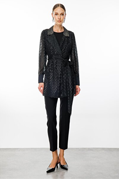 Moda İlgi Modailgi Yakası Taşlı Simli Jakar Uzun Organze Tunik Siyah