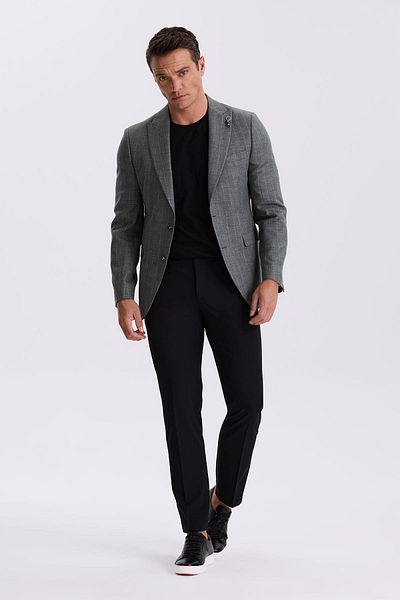 Jakamen Gray Slim Fit Swallow Collar Striped Linen Cotton Seasonal Jacket
