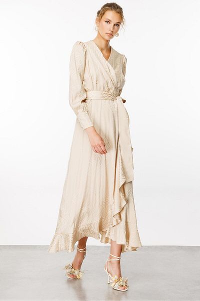 Moda İlgi Stone Colored Fashionable Jacquard Double Breasted Dress