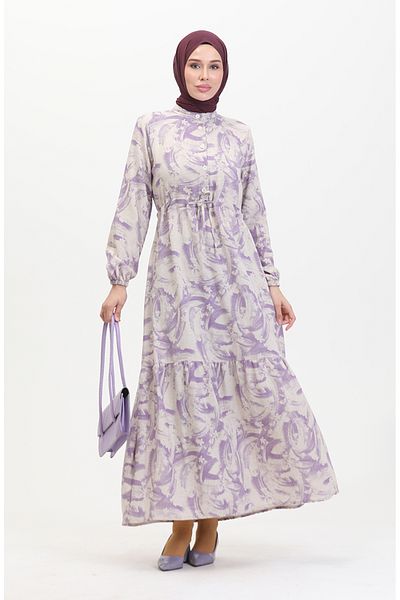sefamerve Beige Lilac Linen Dress - Front Button and Lace-Up 0520A-02