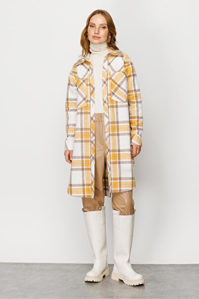 Moda İlgi Modailgi Cep Detaylı Ekose Uzun Tunik Hardal