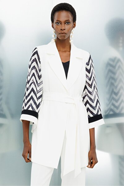 Moda İlgi Ecru Zigzag Patterned Modailgi Long Jacket - With Athlete