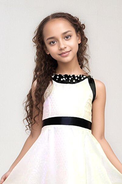 Riccotarz Kız Çocuk Göğsü İnci Boncuk Beli ve Etek Ucu Şerit Detaylı Beyaz Saten Elbise