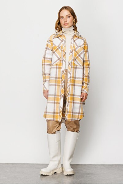 Moda İlgi Modailgi Cep Detaylı Ekose Uzun Tunik Hardal