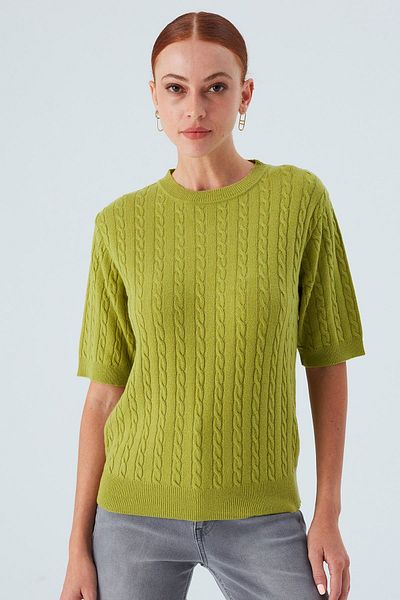 Peraluna Green Nicole Blouse - تصميم تريكو نسائي بأكمام قصيرة وكشمير مع ضفائر شعر