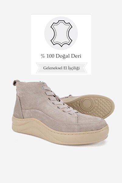 TUNAELLİ KADIN BEJ NUBUK HAKİKİ DOĞAL DERİ 36-41 NUMARA LASTİK BAĞCIKLI DOLGU TOPUKLU BOT & BOOTİE
