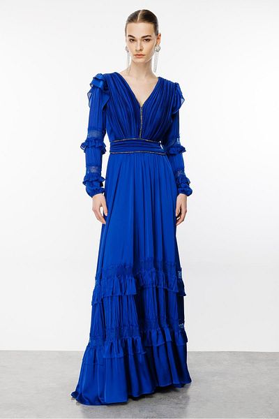 Moda İlgi Saks Blue - Lace Pleated Fashion Dress