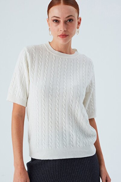 Peraluna Nicole Blouse - Women's Knitwear Ecru Blouse with Braid Hair, Short Sleeve and Cashmere
