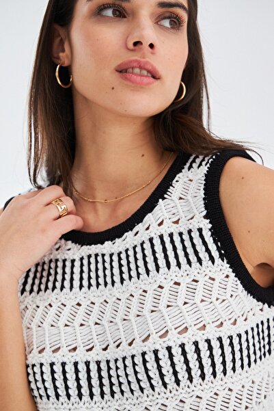 Peraluna Kıyo Blouse Tassel Detailed Sleeveless Summer Women's Knitwear Blouse - Ecru/Black