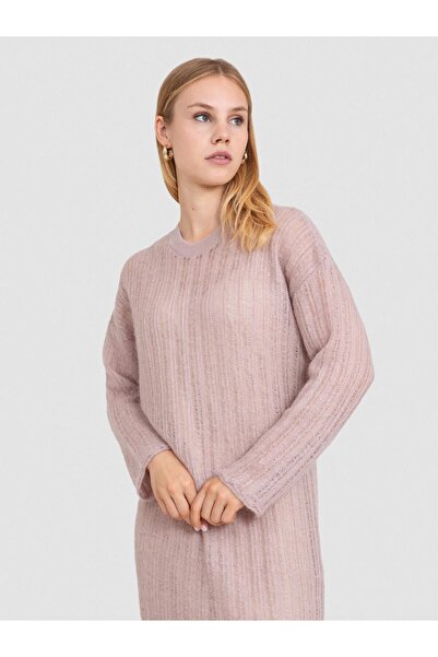 Serianno Mohair Ve Yün Karışımlı Ajurlu Elbise Elb8406koyu Pudra