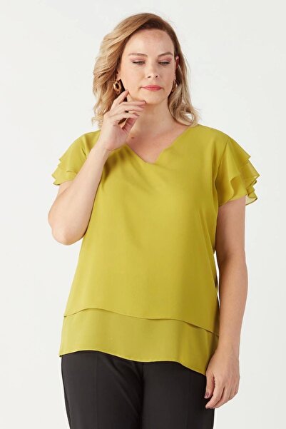 Moda Berray 3249 Omuz Fırfırlı Şifon Büyük Beden Şık Bluz Yağyeşili