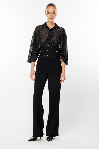 Moda İlgi Modailgi  Yarasa Kol Büzgülü Fermuarlı Korsajlı Simli Puanlı Bluz - 4601 Siyah