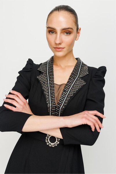 Moda İlgi Modailgi Yakası Taşlı Beli Kemerli Elbise Siyah
