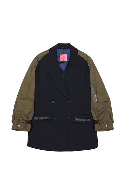 Quzu Match Detailed Sleeve Pocket Blazer Jacket Navy Blue