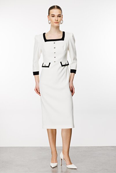 Moda İlgi Modailgi  Kare Yaka Enkürüsteli Elbise Ekru