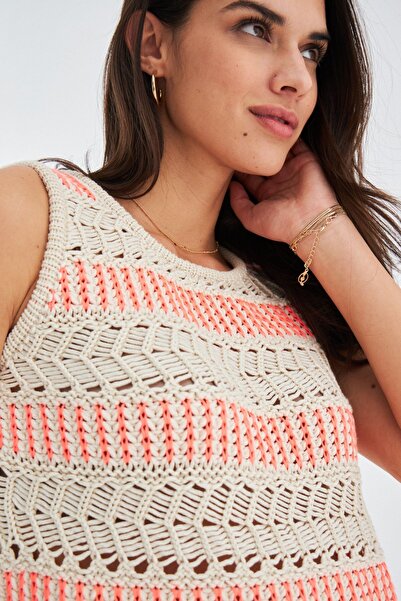 Peraluna Kıyo Blouse Tassel Detailed Sleeveless Summer Women's Knitwear Blouse - Beige/Neon Orange