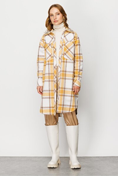 Moda İlgi Modailgi Cep Detaylı Ekose Uzun Tunik Hardal
