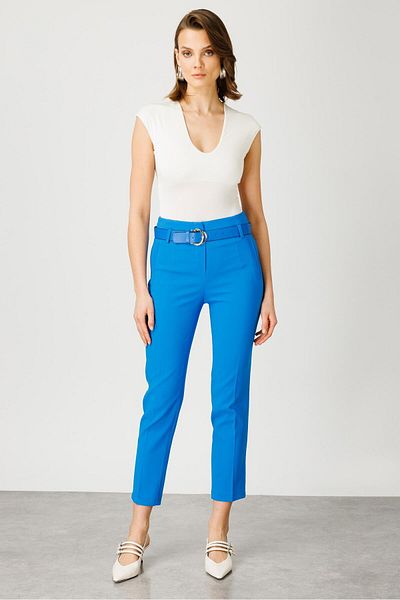 Moda İlgi Pantaloni de costum cu centură cu buzunar din flanel albastru - 7533