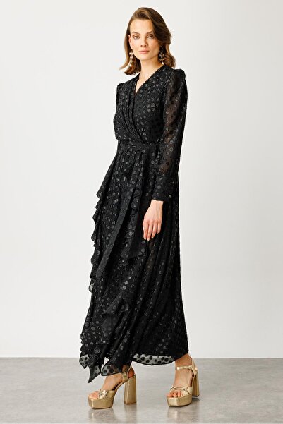 Moda İlgi Modailgi  Çift Volanlı Simli Puanlı Elbise Siyah