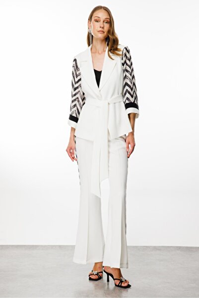 Moda İlgi Ecru Modailgi Short Jacket - Zigzag Pattern and Tank Top