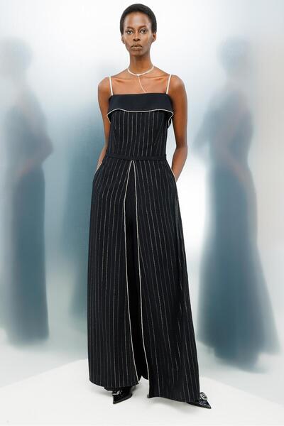 Moda İlgi Modailgi  Askılı Taş Şeritli Simli Çizgili Tulum Siyah