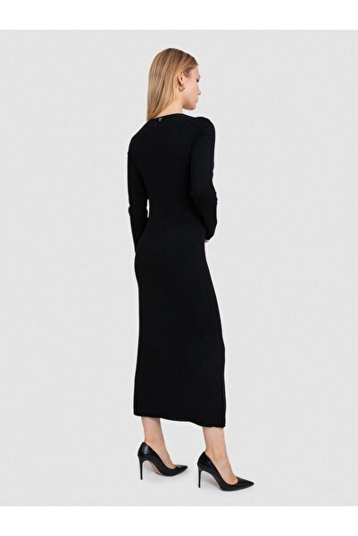 Serianno Kare Yaka Metalik Ipli Streç Elbise Elb7260sıyah