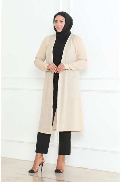 sefamerve Beige Colored Plus Size Long Seasonal Mother Cardigan - 8740-02