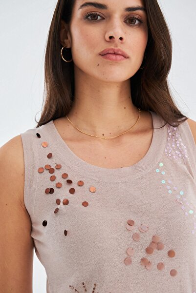 Peraluna Beige Women's Knitwear Blouse - Summer, Thin Sequin Embroidered