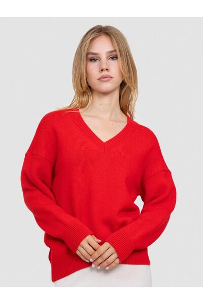 Serianno Organik Yün ve Pamuk Karışımlı V Yaka Kazak KZK6648KIRMIZI