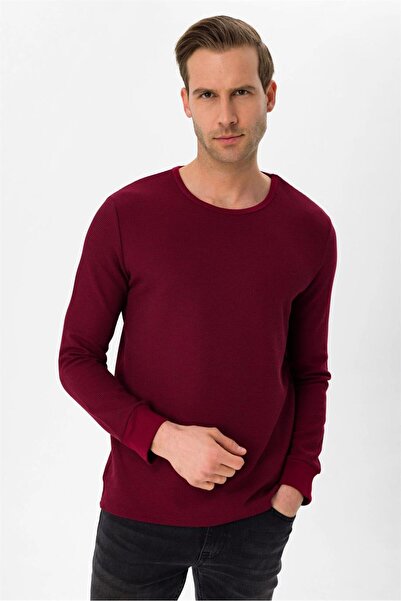 SÜVARİ Süvari O Yaka Uzun Kol Bordo Waffle Desenli Slim Fit Erkek Triko