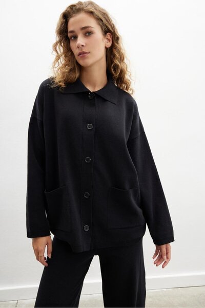 Peraluna Denıse Cardıgan Polo Yaka Geniş Kesim Pamuk-yün Kadın Triko Hırka - Siyah