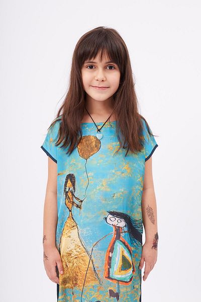 Peraluna Joy Girl Dress Printed Satin Girl's Dress - Turquoise