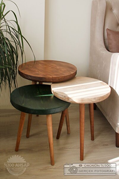 OLİDYA Doğal Ağaç Masif Kütük 3’lü Ahşap Zigon Sehpa Servis Sehpası Orta Sehpa Yan Sehpa No:2-2-3