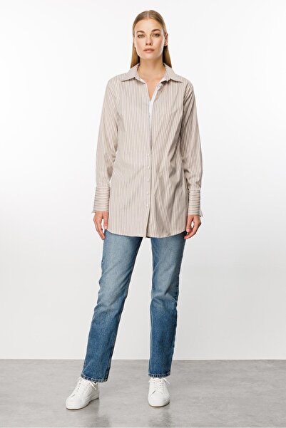 Moda İlgi Modailgi  Ön Bedeni Çift Katlı Çizgili Tunik Vizon