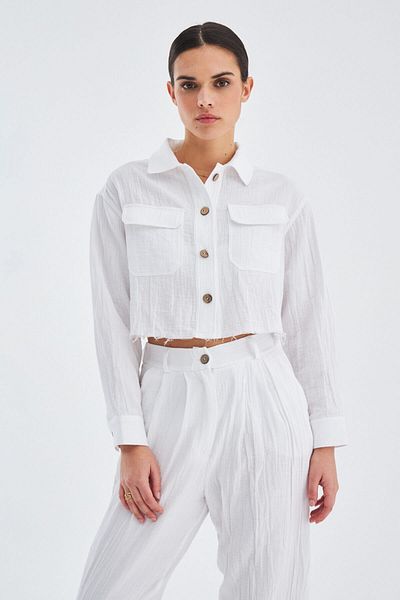 Peraluna Cămașă de damă Summer Pocket Crop - Loose Fit, Albă
