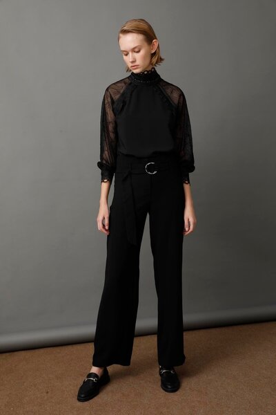 Moda İlgi Modailgi Geniş Paça Kemerli Pantolon Siyah