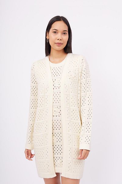Peraluna Isabel Cardigan - Cardigan lung pentru femei din bumbac organic ecru ajurat