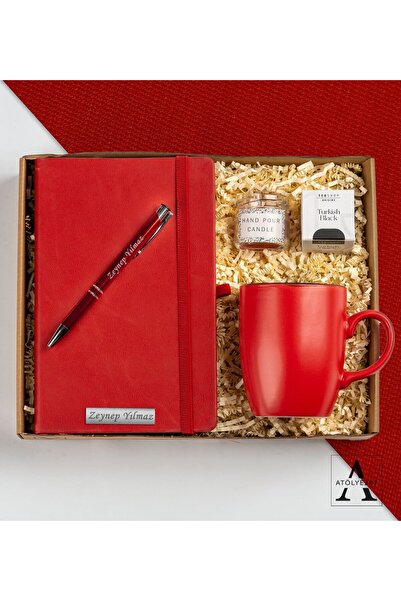 Kişiye Özel Kırmızı Renk Hediye Seti- Çizgili Defter- Tükenmez Kalem- Seramik Kupa- Çay- Mum