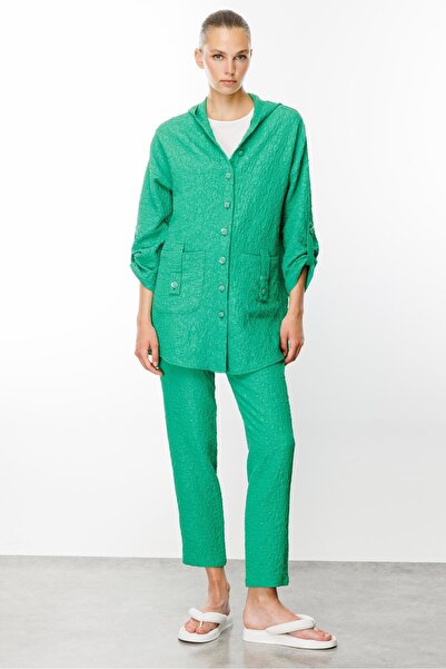 Moda İlgi Modailgi  Kapüşonlu Torba Cepli Gofreli Tunik Yeşil