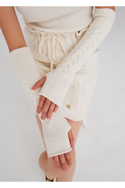 Peraluna Long Women's Knitwear Gloves - Hair Braid Pattern and Cashmere Mixed - Ecru