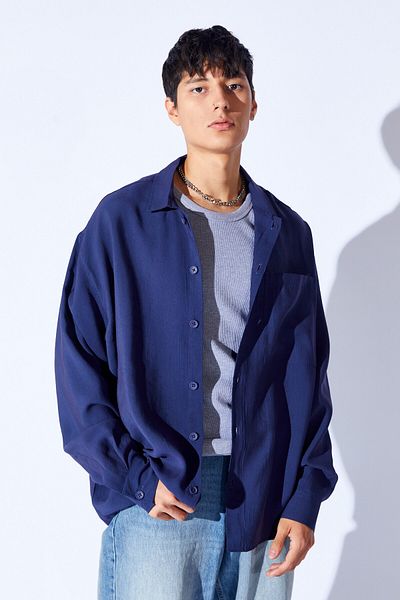 Manche Men's Oversize Textured Modal Shirt - Thick Pocket, Navy Blue Mnw 191099 -01