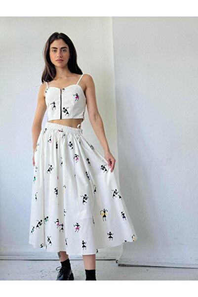 Retrobird Fusta midi de damă ecru - Fusta evazată cu model și cadou