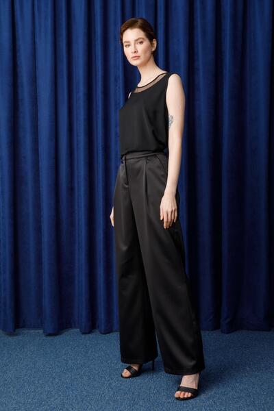 Moda İlgi Modailgi Pile Detaylı Saten Pantolon Siyah