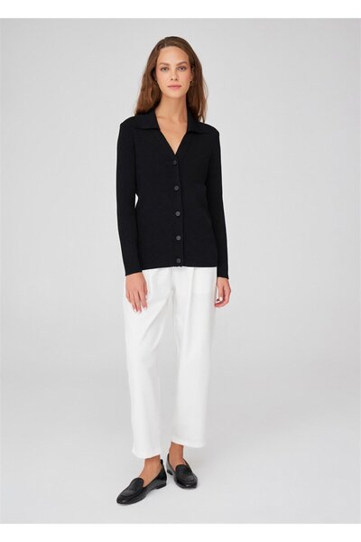 Peraluna Polo V-Neck Rib Knit Fit Cut Women's Knitwear Cardigan - Black