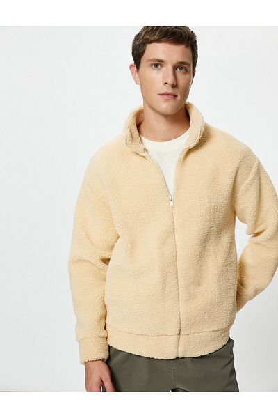Koton Stand Collar Zippered Soft Textured Plush Sweatshirt